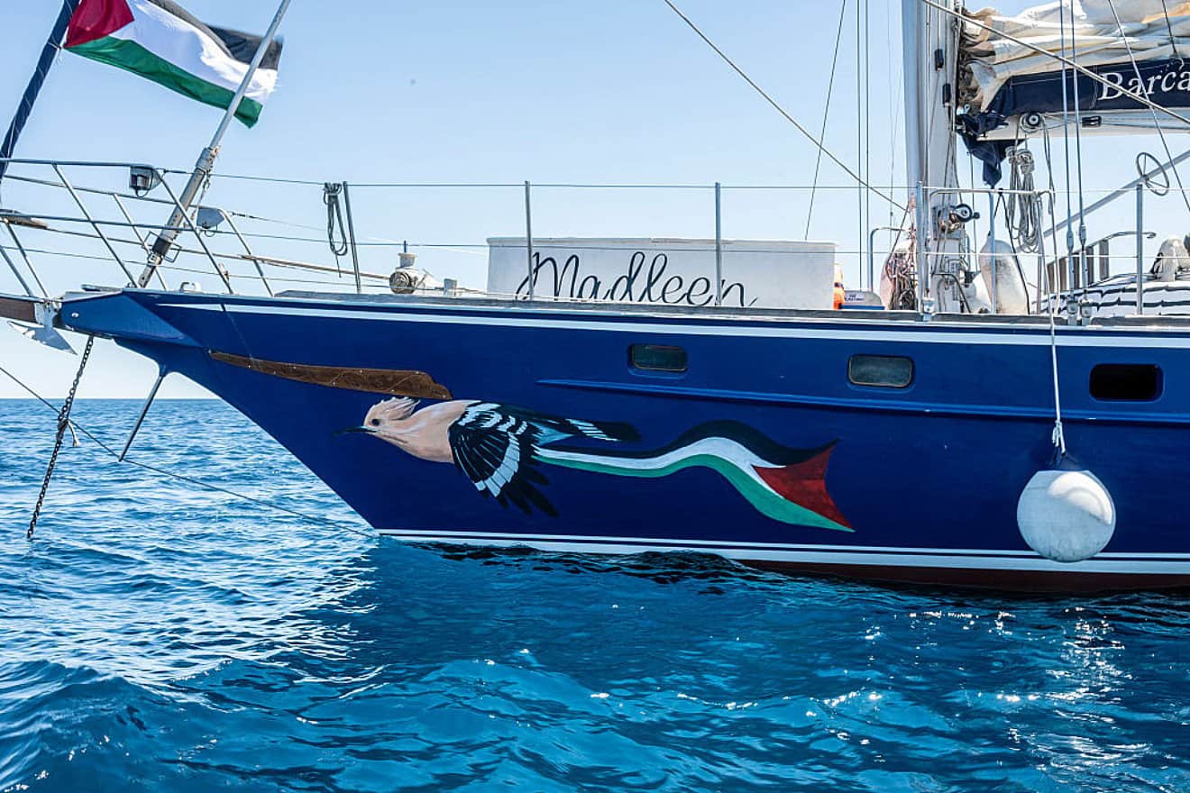 The bow of the Madleen protest ship, featuring an illustration inspired by the PLO flag, ready to set off from the port of San Giovanni Li Cuti in Catania, Italy on June 01, 2025. Photo by Fabrizio Villa/Getty Images.
