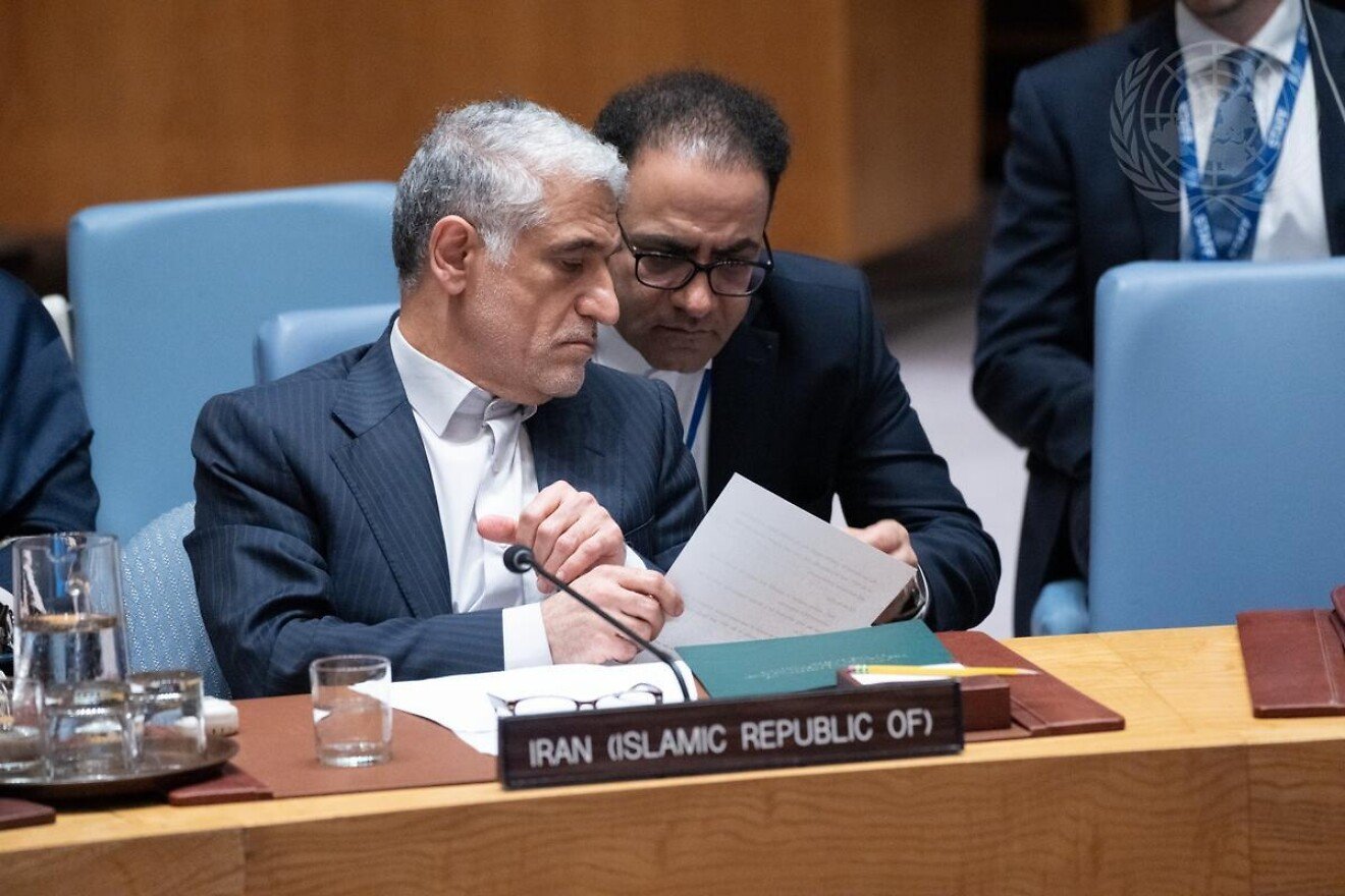 Amir Saeid Iravani, the Iranian regime’s envoy to the United Nations, at a U.N. Security Council meeting on threats to international peace and security, June 20, 2025. Credit: Evan Schneider/U.N. photo.