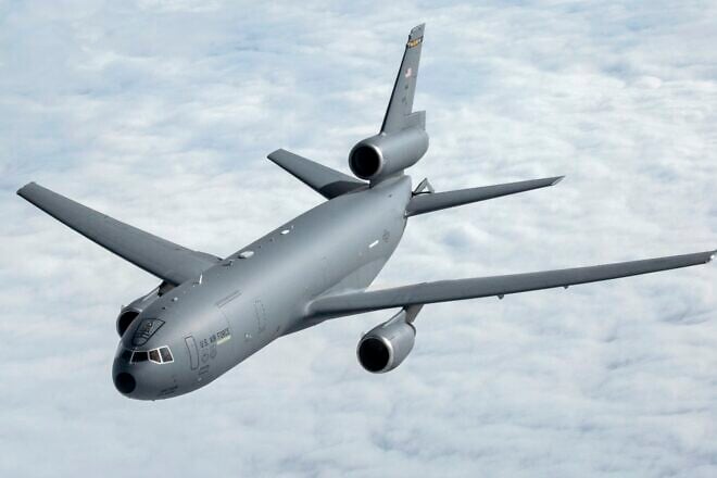 A U.S Air Force KC-10 Extender with the 76th Air Refueling Squadron, 514th Air Mobility Wing, moves away after being refueled by a KC-10 crewed by Reserve Citizen Airmen with the 78th Air Refueling Squadron, 514th Air Mobility Wing, over the Atlantic Ocean, Feb. 14, 2018. Credit: U.S. Air Force Photo by Master Sgt. Mark C. Olsen.