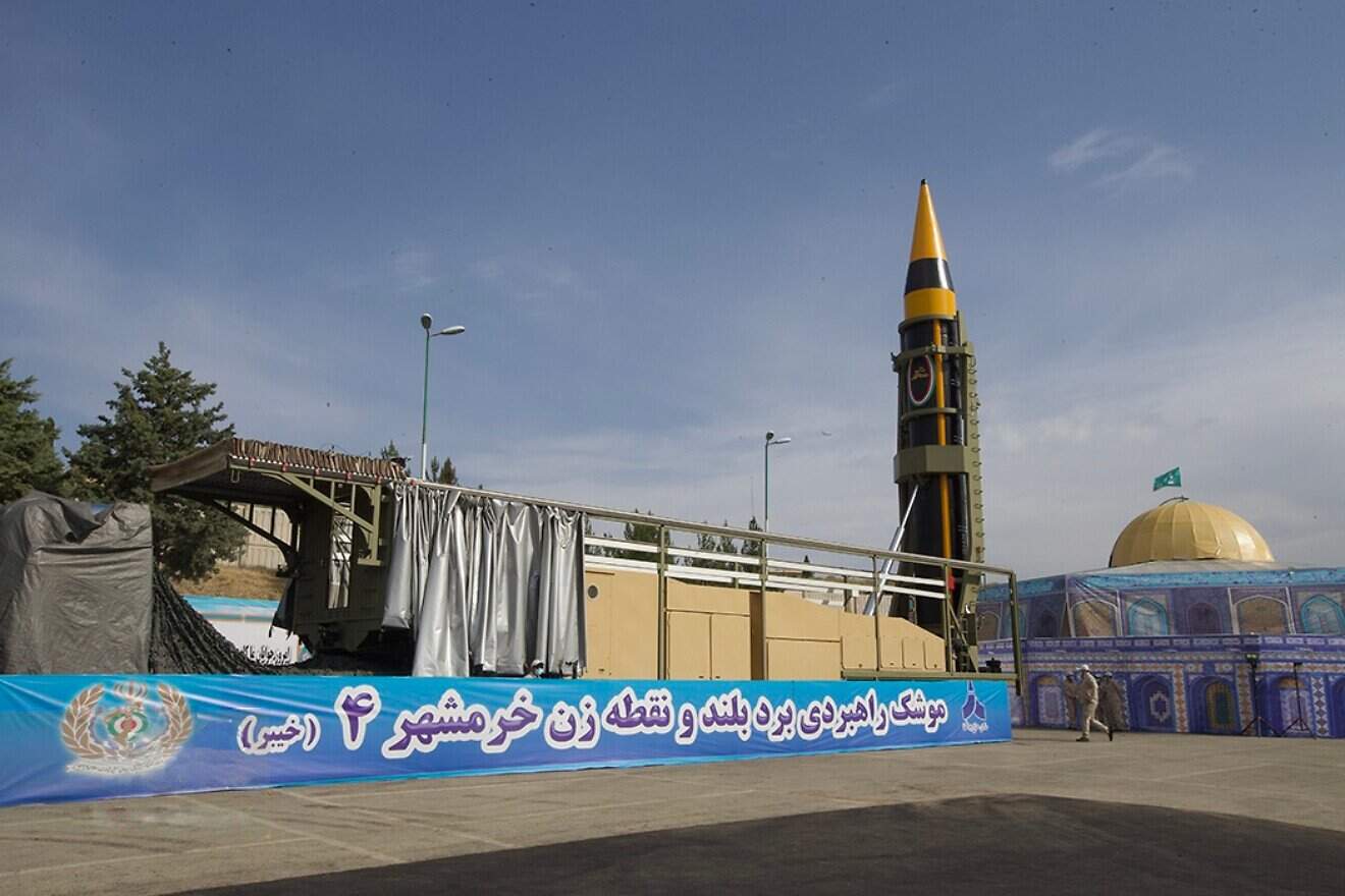 A Khorramshahr-4 medium-range ballistic missile at its unveiling ceremony in Tehran on May 25, 2023. Credit: Fars Media Corporation via Wikimedia Commons.