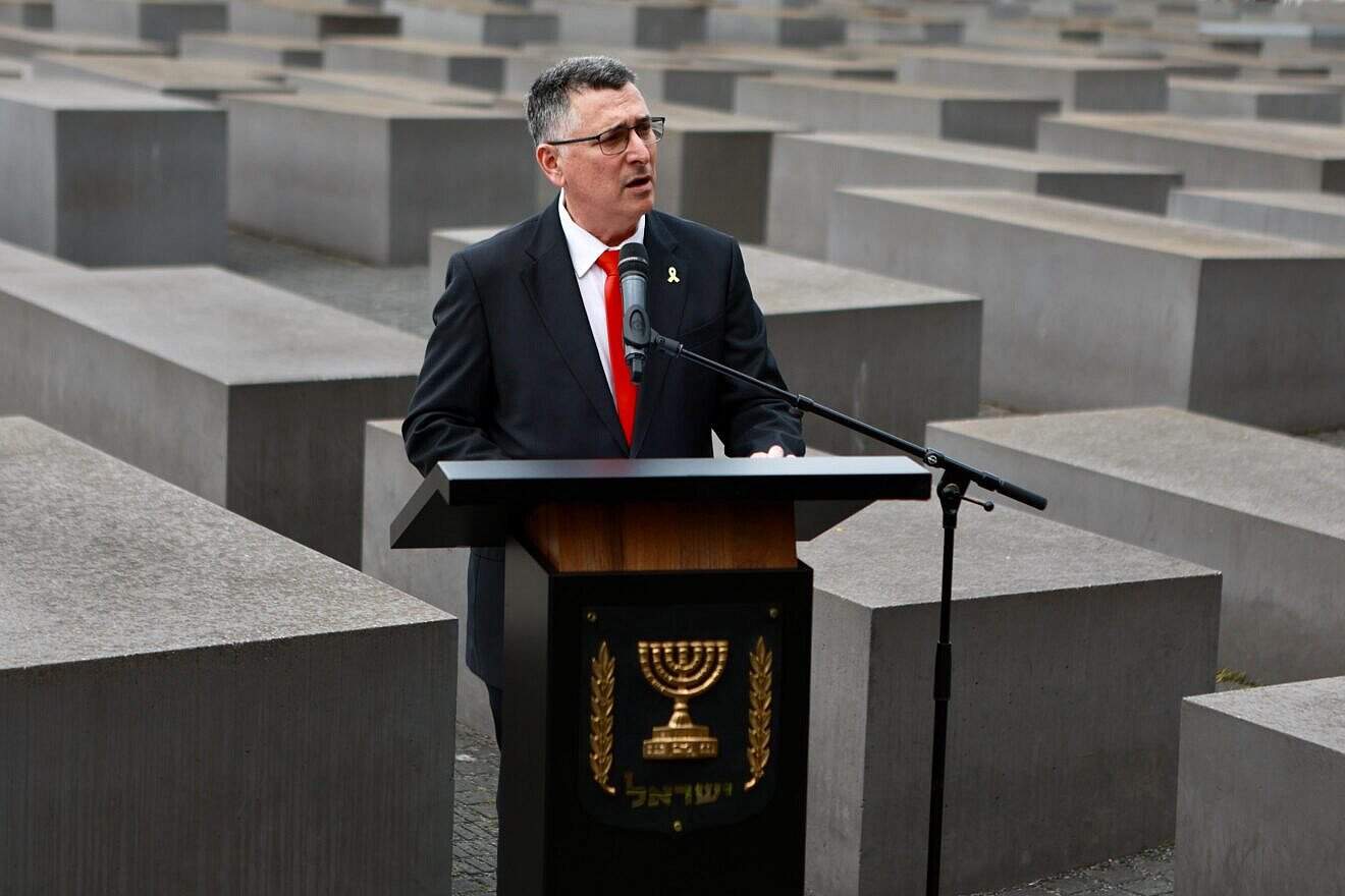 Israeli Foreign Minister Gideon Sa'ar delivers an address at the Memorial to the Murdered Jews of Europe in Berlin on June 5, 2025. Photo by Shalev Man/Israeli Foreign Ministry.