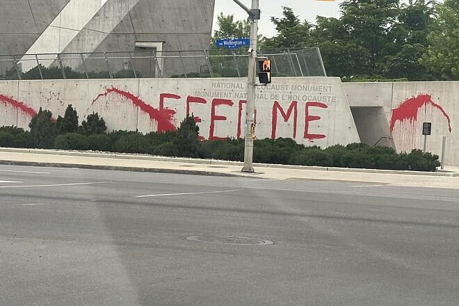 Vandalism of the National Holocaust Monument in Ottawa on June 9, 2025. Credit: Courtesy of the Centre for Israel and Jewish Affairs.