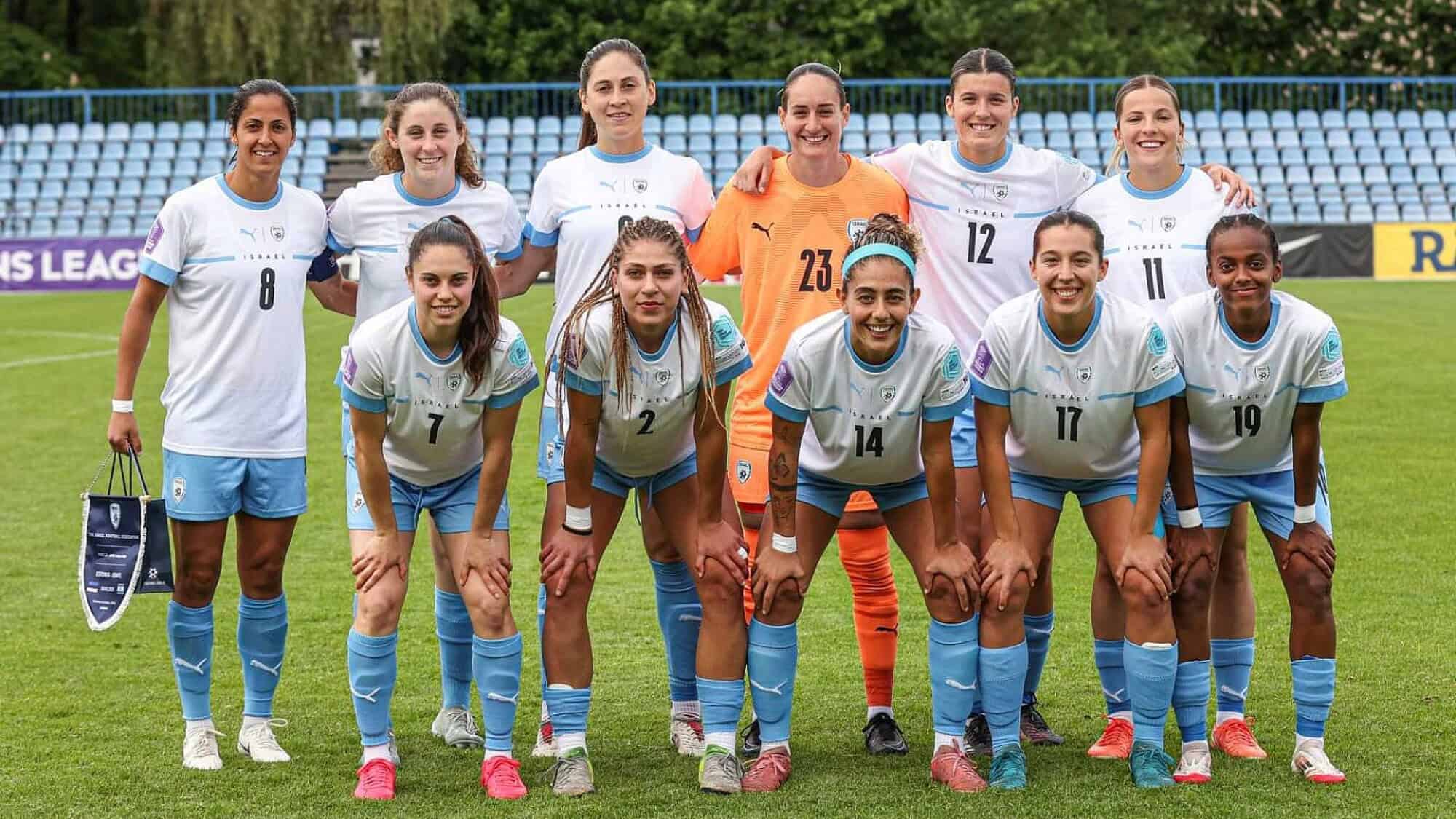 The Israeli women's national football team before its UEFA Nations League match against Estonia, May 30, 2025.
Photo by Assi Keifer/Israel Football Association.