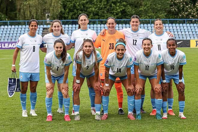The Israeli women's national football team before its UEFA Nations League match against Estonia, May 30, 2025.
Photo by Assi Keifer/Israel Football Association.