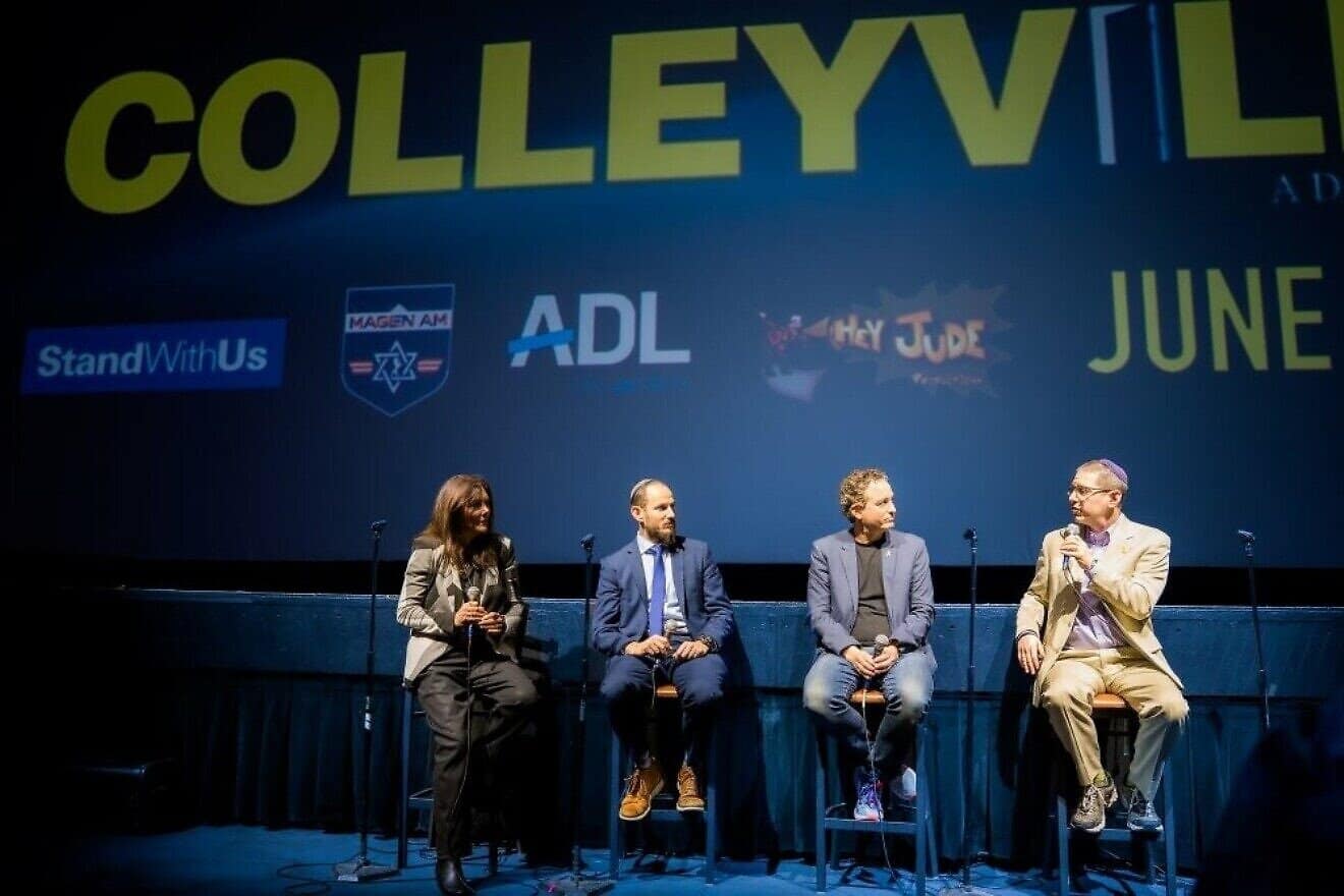 (From left to right) Roz Rothstein, co-founder and CEO of StandWithUs; Rabbi Yossi Eilfort, founder of Magen Am; Dani Menkin, creator of Hey Jude Productions; and Rabbi Charlie Cytron-Walker, former rabbi of Congregation Beth Israel in Colleyville, Texas, during a Q&A session after a screening of “Colleyville” at the Saban Theater in Beverly Hills, Calif., on June 9, 2025. Credit: Courtesy of StandWithUs.
