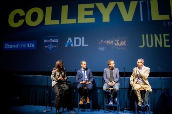 (From left to right) Roz Rothstein, co-founder and CEO of StandWithUs; Rabbi Yossi Eilfort, founder of Magen Am; Dani Menkin, creator of Hey Jude Productions; and Rabbi Charlie Cytron-Walker, former rabbi of Congregation Beth Israel in Colleyville, Texas, during a Q&A session after a screening of “Colleyville” at the Saban Theater in Beverly Hills, Calif., on June 9, 2025. Credit: Courtesy of StandWithUs.