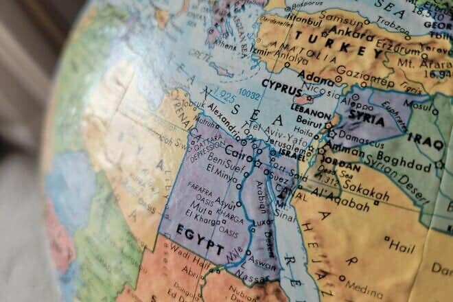Globe focused on Israel and the Middle East. Photo by Debra Flax.