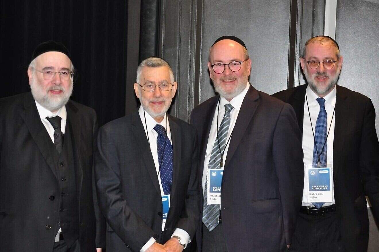At the OU Kashrus Conference, from left: OU Kosher COO Rabbi Moshe Elefant; OU Kosher CEO Rabbi Menachem Genack; OU president Mitchel Aeder; and OU Kosher commission vice chairman Rabbi Yossi Heber. Credit: Courtesy.