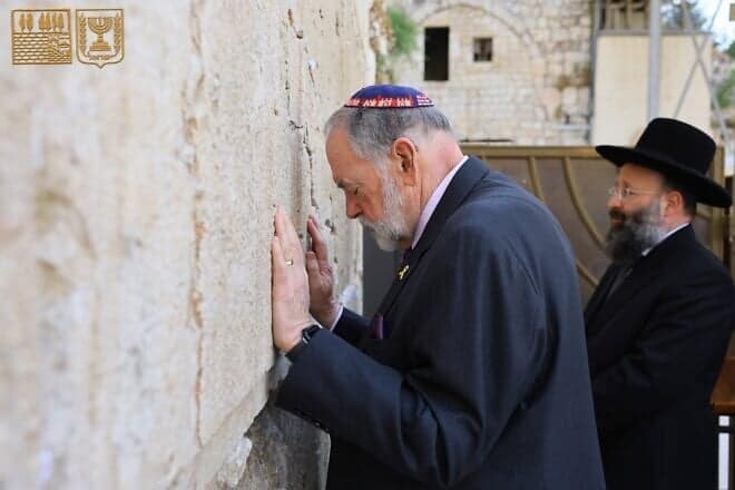 U.S. Ambassador to Israel Mike Huckabee prays at the Western Wall in Jerusalem, July 1, 2025.
Credit: Western Wall Heritage Foundation.