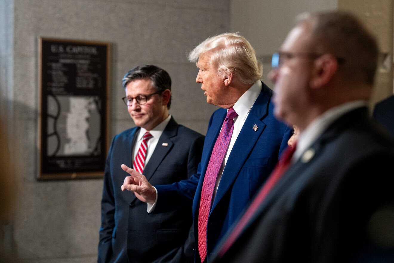 U.S. President Donald Trump and House Speaker Mike Johnson (R-La.) speak to members of the media at the U.S. Capitol in Washington, D.C., before meeting with the House GOP Conference about passing his budget bill, May 20, 2025. Credit: Molly Riley/White House.