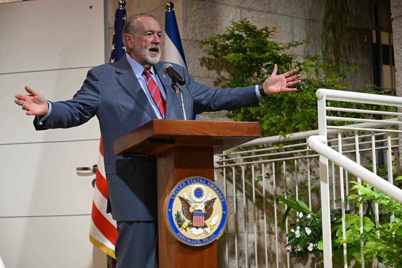 Mike Huckabee, the U.S. ambassador to Israel, at the American. embassy in Jerusalem, June 9, 2025. Credit: U.S. Embassy Jerusalem.