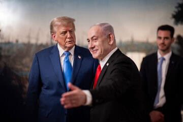U.S. President Donald Trump and Israeli Prime Minister Benjamin Netanyahu speak privately in the Vermeil Room before a dinner at the White House on July 7, 2025. Credit: Official White House Photo by Daniel Torok.