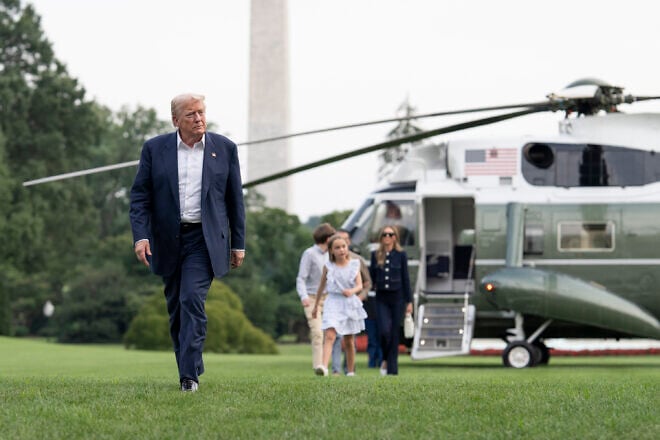 U.S. President Donald Trump disembarks Marine One on the South Lawn of the White House after a trip to Scotland, July 29, 2025. Credit: Molly Riley/White House.