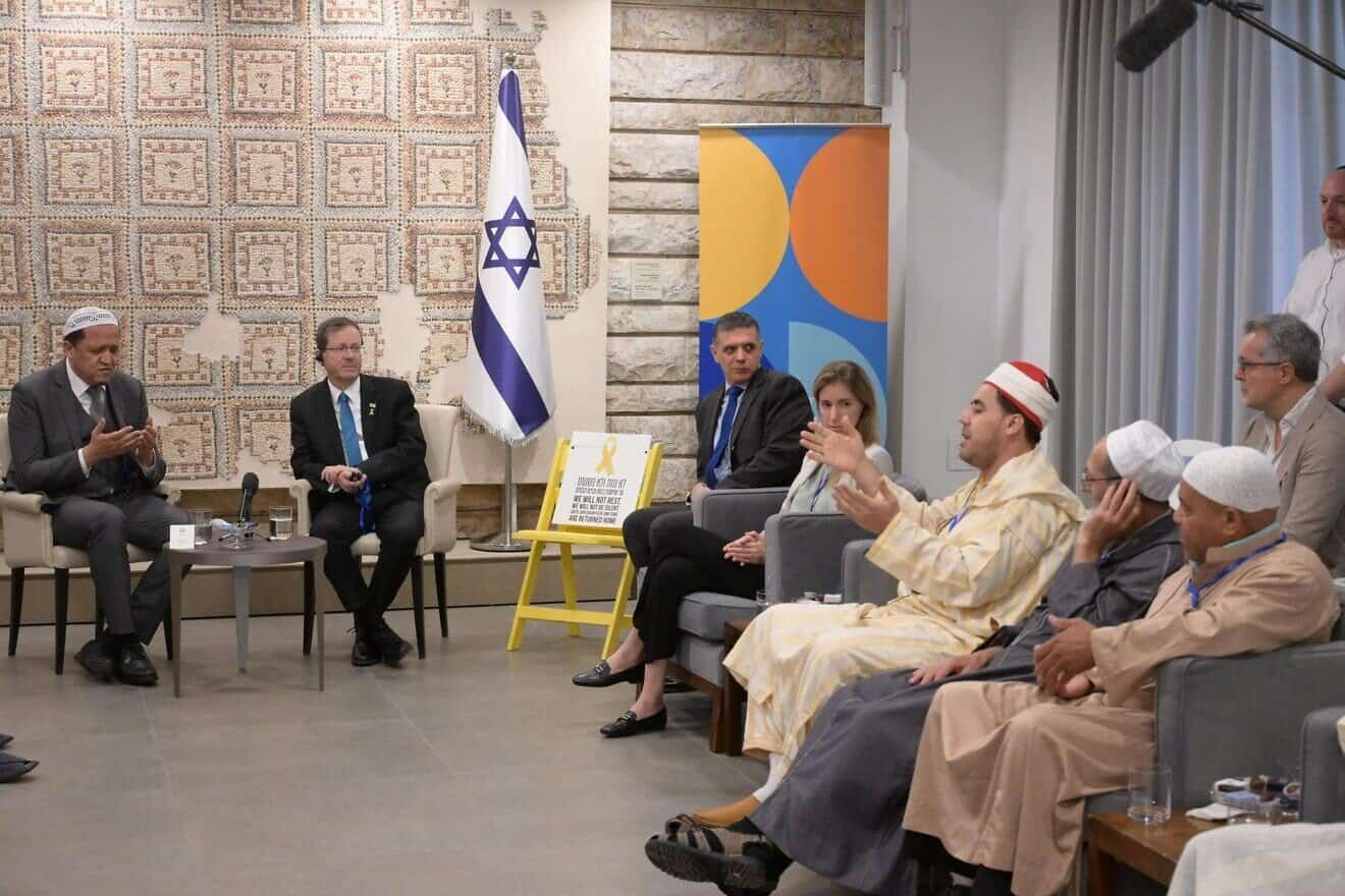 A group of Muslim religious leaders from Europe meet with Israeli President Isaac Herzog in Jerusalem, July 7, 2025. Credit: Amos Ben Gershom/GPO.