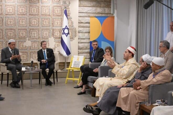 A group of Muslim religious leaders from Europe meet with Israeli President Isaac Herzog in Jerusalem, July 7, 2025. Credit: Amos Ben Gershom/GPO.