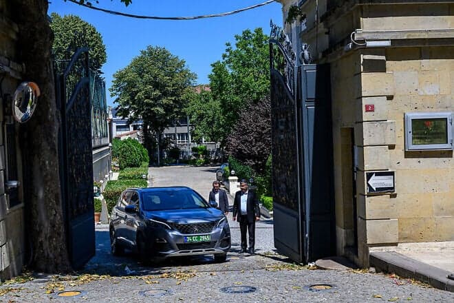 A European delegation leaves the Iranian consulate following nuclear talks in Istanbul, Turkey, on July 25, 2025. Photo by Yasin Akgul/AFP via Getty Images.