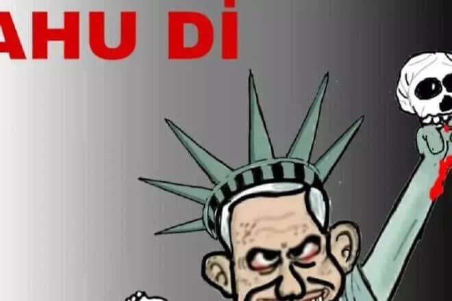 A cartoon portraying Israeli Prime Minister Benjamin Netanyahu as a skull-clutching demon, drawn by Turkish illustrator Erdogan Ozer. Source: Social media.