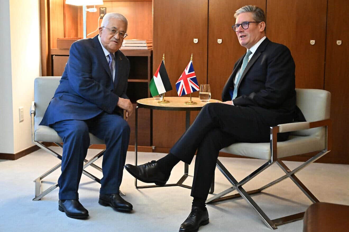 Palestinian Authority chief Mahmud Abbas meets with British Prime Minister Keir Starmer at the U.N. Headquarters in New York, on Sept. 25, 2024. Photo by Leon Neal/Getty Images.