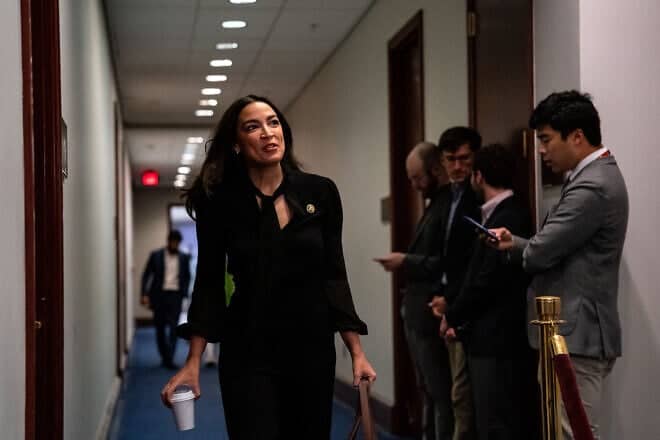 Rep. Alexandria Ocasio-Cortez (D-N.Y.) arrives for a meeting of the House Democratic Caucus at the U.S. Capitol in Washington, D.C., on May 7, 2024. Photo by Kent Nishimura/Getty Images.