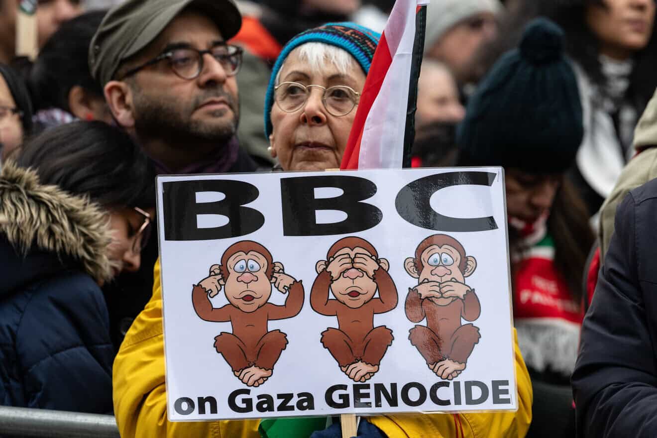 Protesters listen to speeches in Whitehall in London on Jan. 18, 2025. Pro-Palestinian demonstrators went ahead with a planned march after police banned on it, citing the risk of causing "serious disruption" to a synagogue near the intended route. Organizers had planned to assemble outside the "BBC" offices in London to protest against what they say is the public broadcaster's "pro-Israel bias" in its news coverage of the conflict in Gaza. Photo by Guy Smallman/Getty Images.
