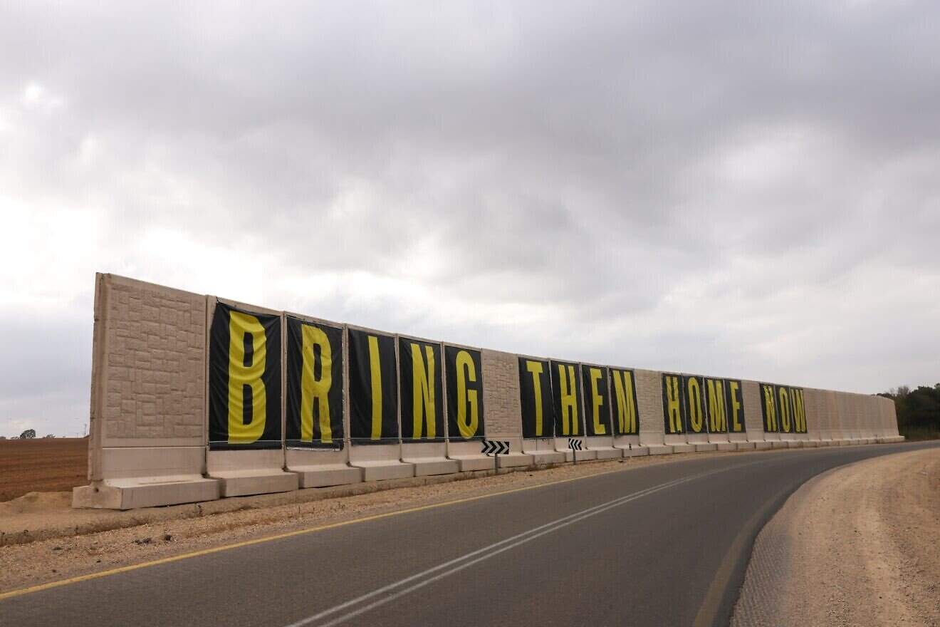 A large sign reading “Bring Them Home Now” seen on the southern Israeli border near the Gaza Strip, June 23, 2025. Photo by Yossi Aloni/Flash90.