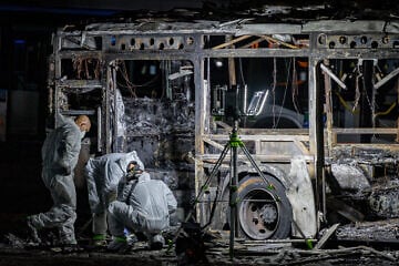 Israeli security forces at the scene of a possible bus bombing, in Bat Yam, central Israel, Feb. 20, 2025. Photo by Chaim Goldberg/Flash90.