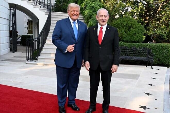 President Donald Trump and Prime Minister Benjamin Netanyahu at the White House, July 7, 2025. Photo by Avi Ohayon/GPO.
