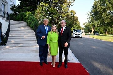 U.S. President Donald Trump with Israeli Prime Minister Benjamin Netanyahu and his wife, Sara Netanyahu, at the White House, July 7, 2025. Credit: Avi Ohayon/GPO.