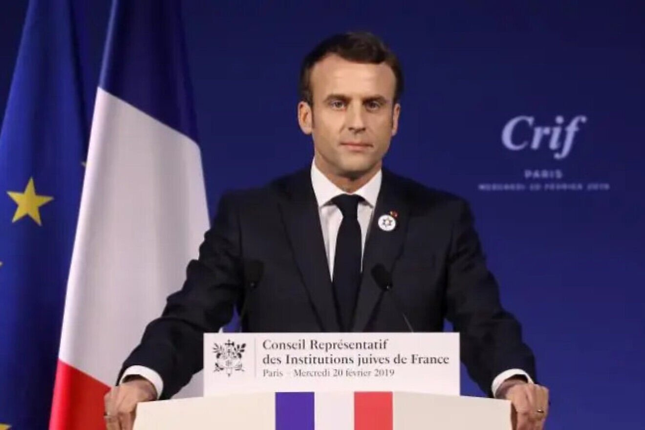 French President Emmanuel Macron addressing the annual CRIF gala dinner in Paris, Feb. 20, 2019. Credit: European Jewish Press.
