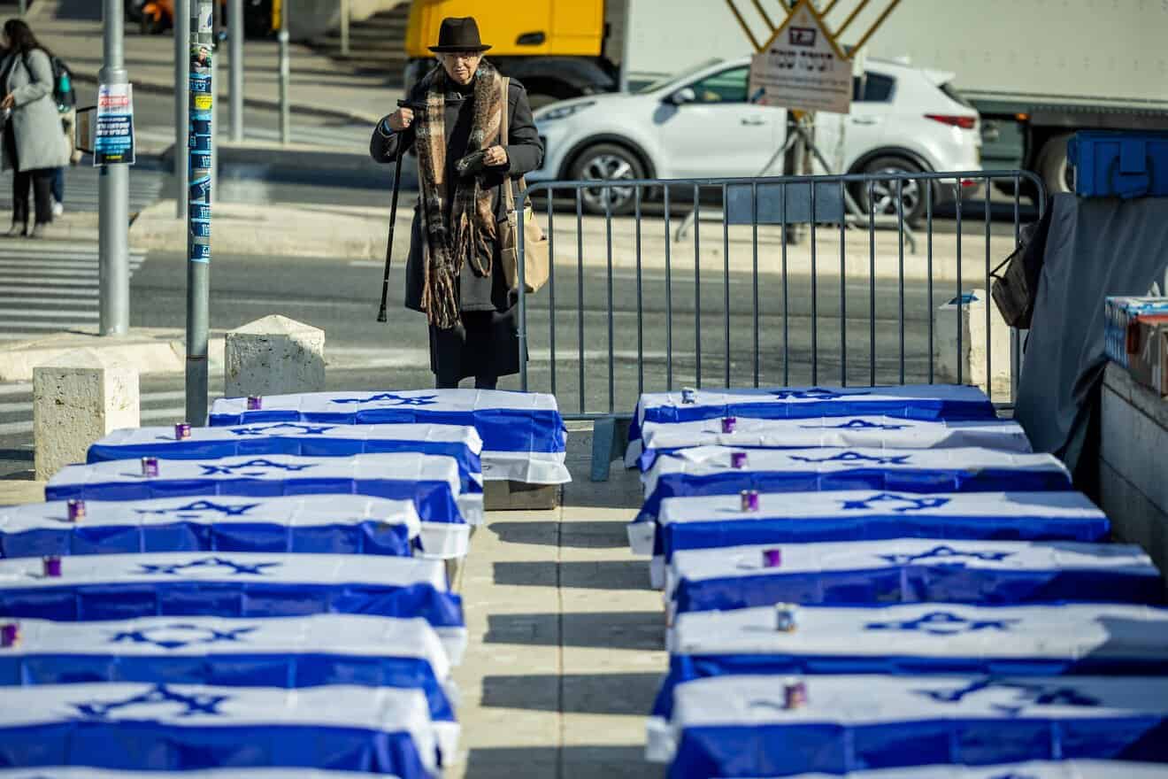 Empty coffins showing the Israeli flag as part of a protest against the ceasefire between Israel and Hamas, near the Prime Minister's office in Jerusalem, Jan. 16, 2025. Photo by Yonatan Sindel/Flash90.