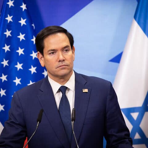 U.S. Secretary of State Marco Rubio gives a press statement after meeting with Israeli Prime Minister Benjamin Netanyahu at the Prime Minister's Office in Jerusalem on Feb. 16, 2025. Photo by Alex Kolomoisky/POOL via Flash90.