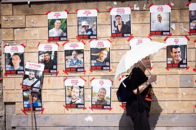 Posters of Israelis held hostage by Hamas terrorists in Gaza, outside the Ministry of Defense in Tel Aviv, March 9, 2025. Photo by Miriam Alster/Flash90.