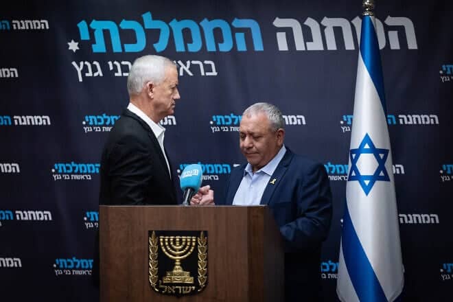 MK Gadi Eizenkot and National Unity Party leader Benny Gantz attend a faction meeting at the Knesset, the Israeli parliament in Jerusalem, March 24, 2025. Photo by Yonatan Sindel/Flash90.