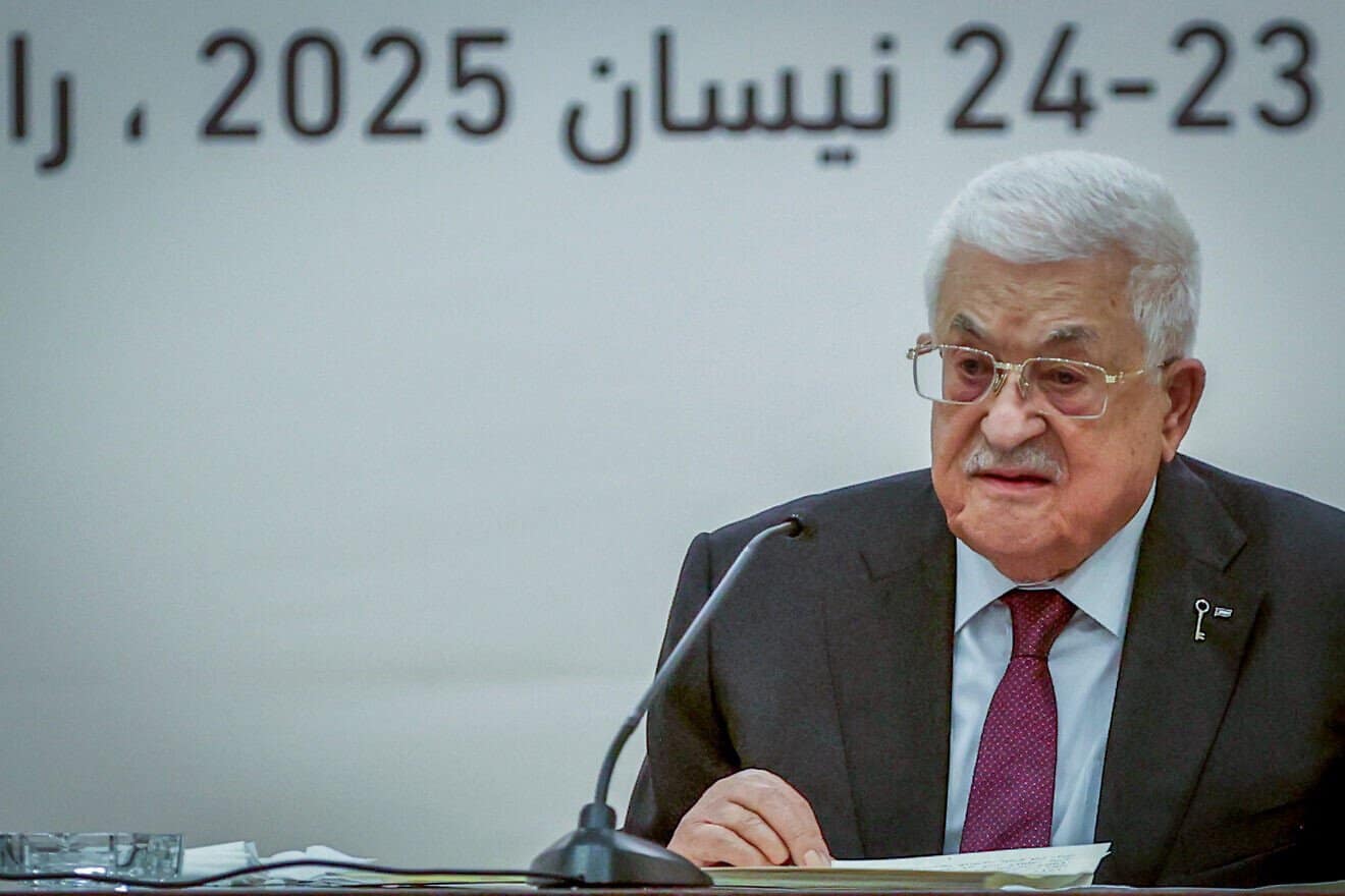 Palestinian Authority leader Mahmoud Abbas at the opening session of the Palestinian Central Council in Ramallah on April 23, 2025. Photo by Flash90.