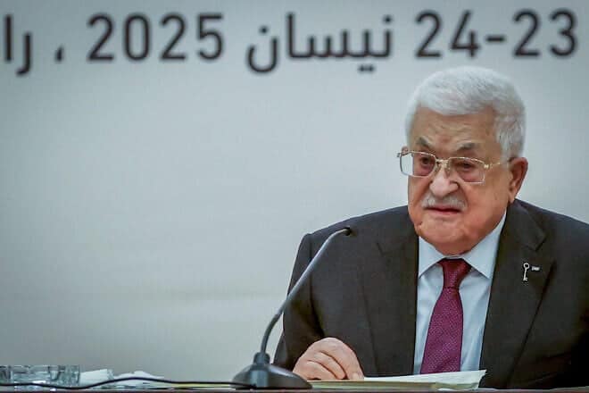Palestinian Authority leader Mahmoud Abbas at the opening session of the Palestinian Central Council in Ramallah on April 23, 2025. Photo by Flash90.