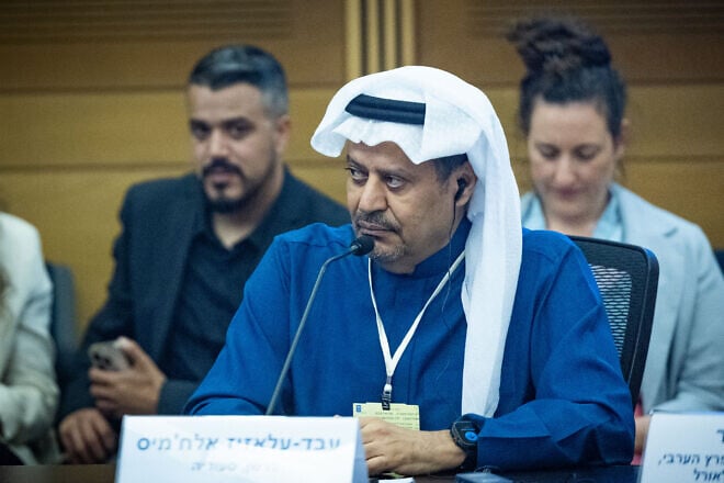 At the Knesset in Jerusalem, Saudi journalist Abdulaziz Al-Khamis attends the lobby for promoting a regional security arrangements, July 9, 2025. Photo by Yonatan Sindel/Flash90.