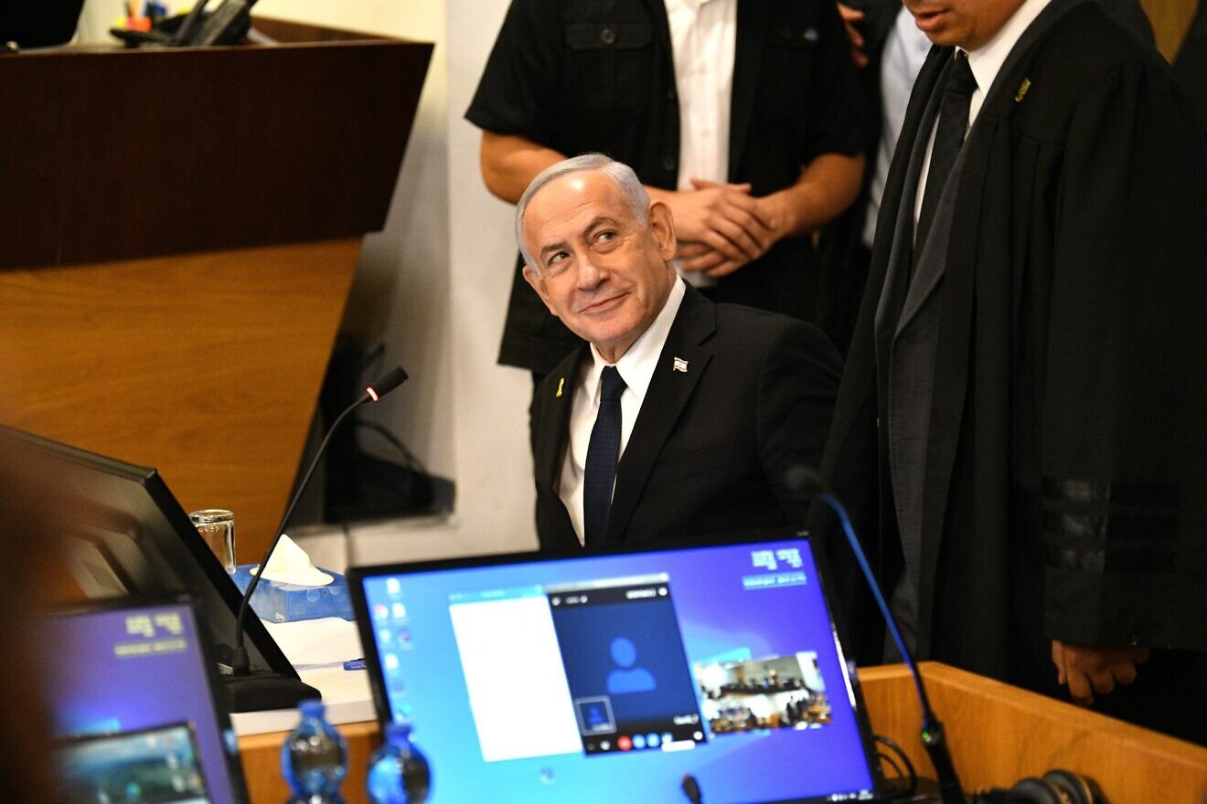 Israeli Prime Minister Benjamin Netanyahu arrives at the Tel Aviv District Court to testify in his trial, July 14, 2025. Photo by Reuven Kastro/POOL.