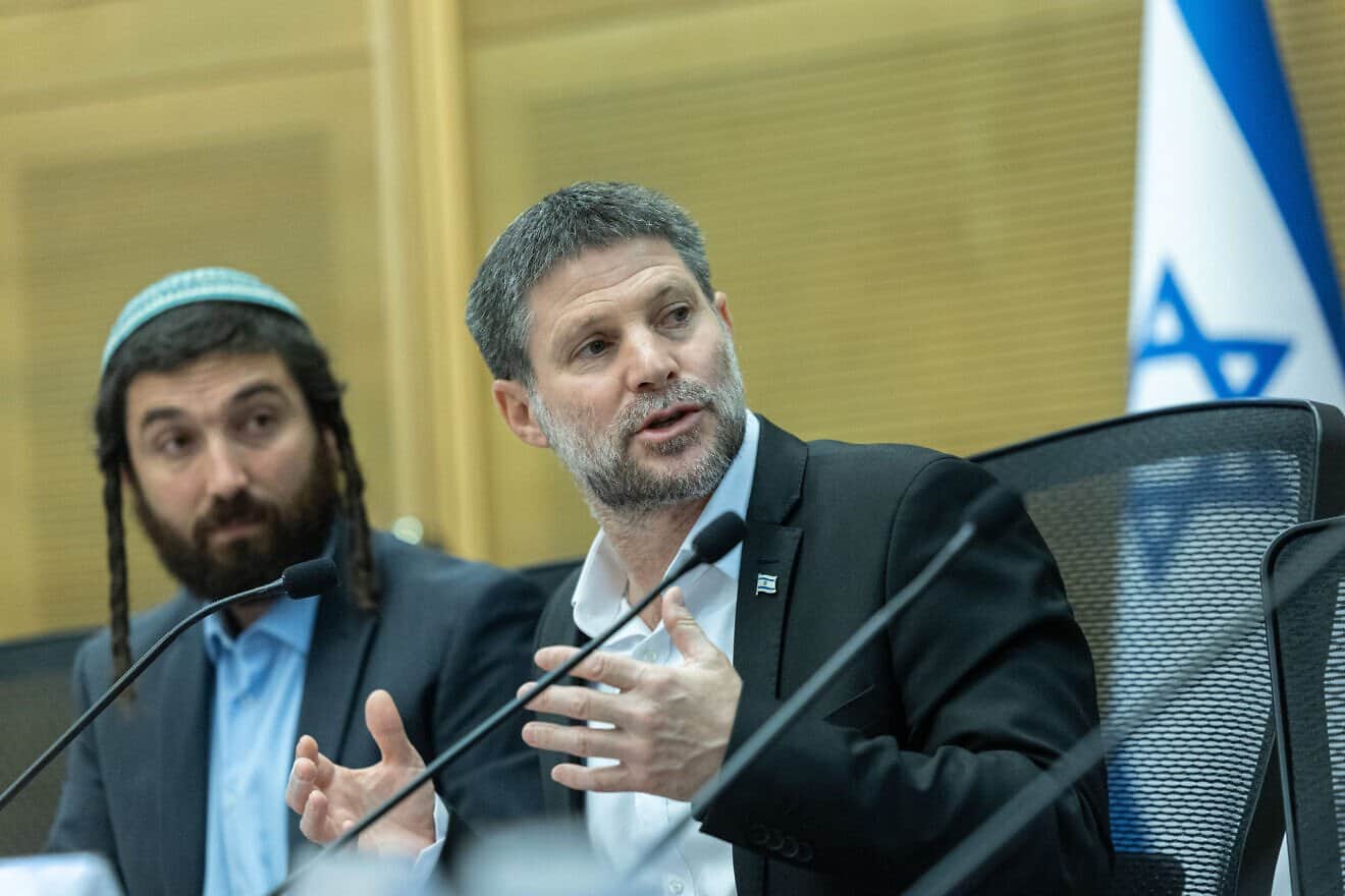 Israeli Finance Minister Bezalel Smotrich attends a meeting of the Knesset Lobby for the Renewal of Jewish Settlement in the Gaza Strip, held at the Knesset in Jerusalem. The session focused on promoting the return of Israeli communities to the area, nearly two decades after the 2005 disengagement, July 22, 2025. Photo by Chaim Goldberg/Flash90.