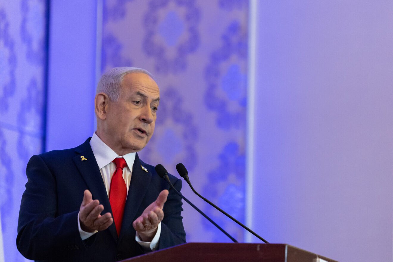 Israeli Prime Minister Benjamin Netanyahu speaks at a Christian conference in Jerusalem hosted by Trump adviser Pastor Paula White, April 27, 2025. Photo by Chaim Goldberg/Flash90.