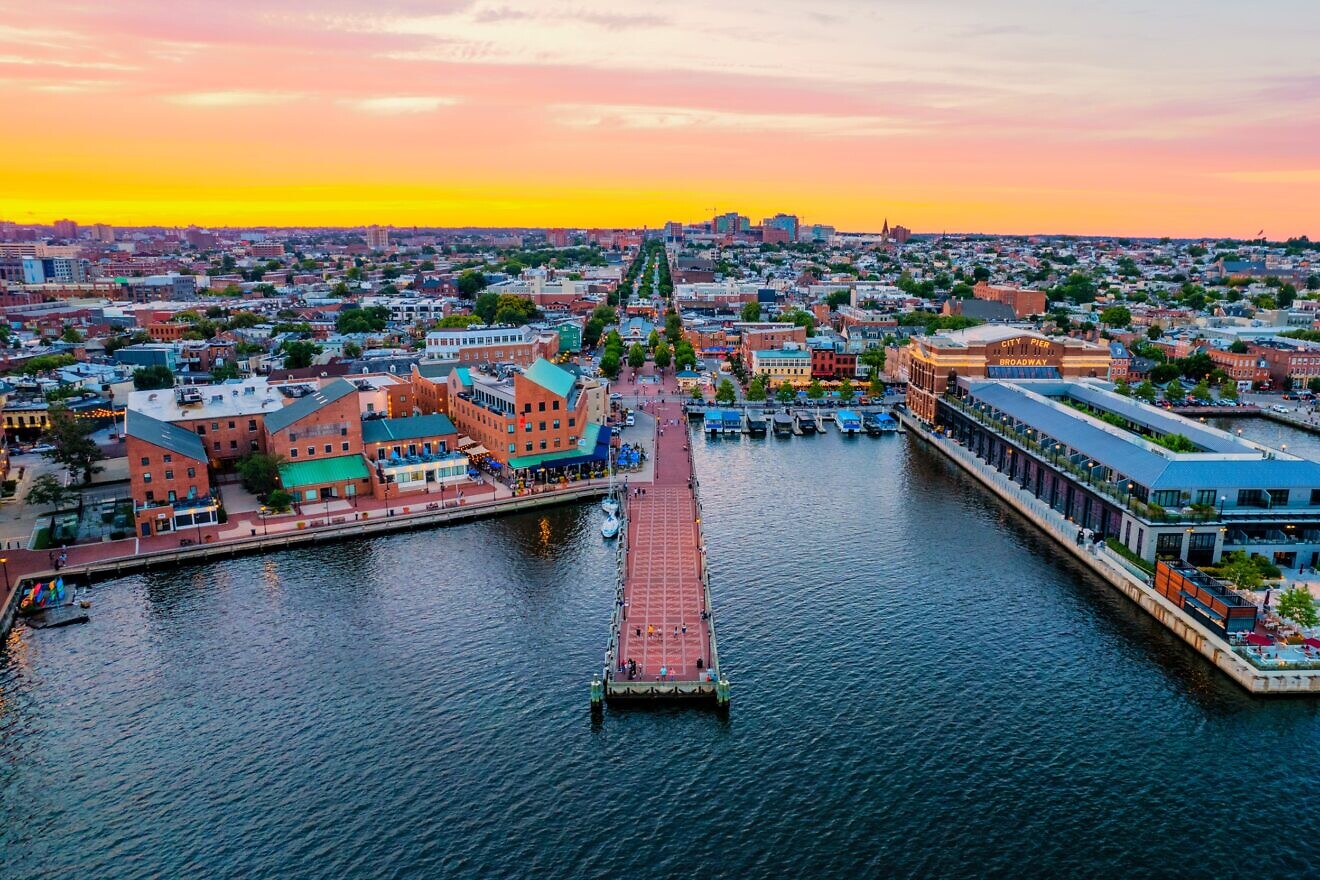 An aerial photo of the Fell's Point waterfront in Baltimore, June 2022. Credit: Matthew Binebrink via Wikimedia Commons