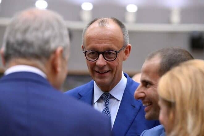 German Chancellor Friedrich Merz (center) talks with Irish Prime Minister Micheal Martin (left) and E.U. foreign policy chief Kaja Kallas during a meeting at the European Council in Brussels on June 26, 2025. Photo by John Thys/AFP via Getty Images.