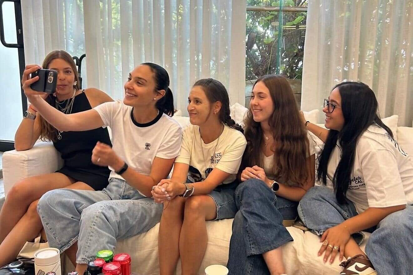 Israeli actress Gal Gadot (second from left) meets with freed Hamas hostages Doron Steinbrecher, Liri Albag, Naama Levy, Moran Stella Yanai and Ilana Gritzewsky, July 22, 2025. Credit: Hostages and Missing Families Forum.