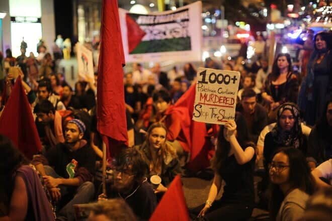 People in Brisbane, Australia, protest against Israel on Aug. 1, 2014. Credit: Byron Wu via Wikimedia Commons.