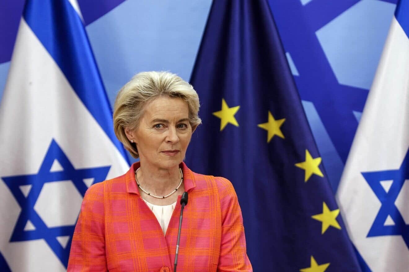 European Commission President Ursula von der Leyen attends a press conference at the Israeli Prime Minister's Office in Jerusalem, June 14, 2022. Photo by Amir Cohen/POOL/AFP via Getty Images.