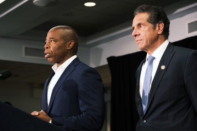 Andrew Cuomo, then-governor of New York, and Eric Adams, then-Democratic nominee for New York City mayor, hold a joint news conference on the rising rates of gun violence across New York City, on July 14, 2021. Photo by Spencer Platt/Getty Images.