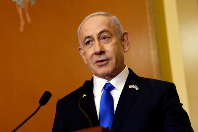 Israeli Prime Minister Benjamin Netanyahu speaks to reporters at the Capitol Building in Washington on July 24, 2024. Photo by Anna Moneymaker/Getty Images.