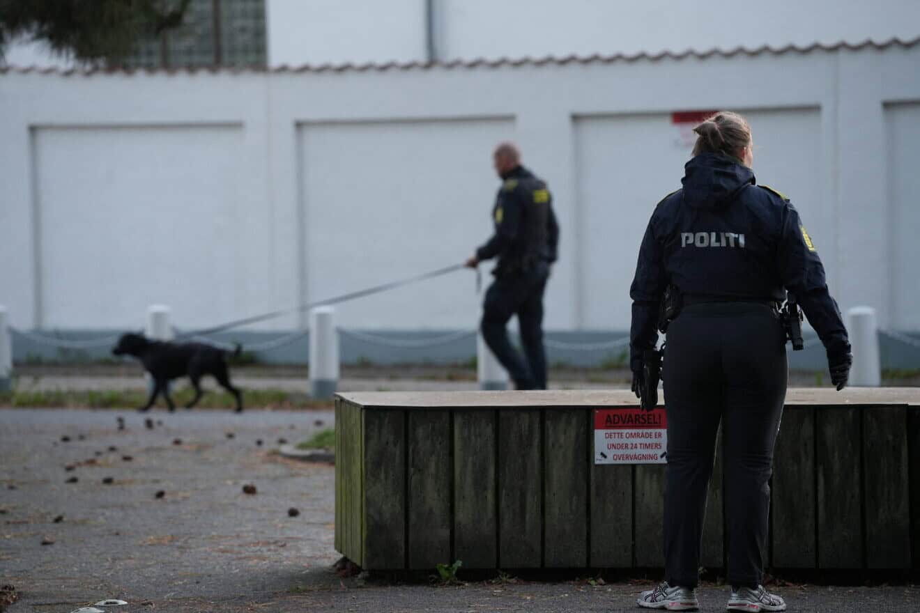 Danish police officers secure an area near the Israeli embassy in Copenhagen, on Oct. 2, 2024. Photo by Emil Helms/Ritzau Scanpix/AFP via Getty Images.