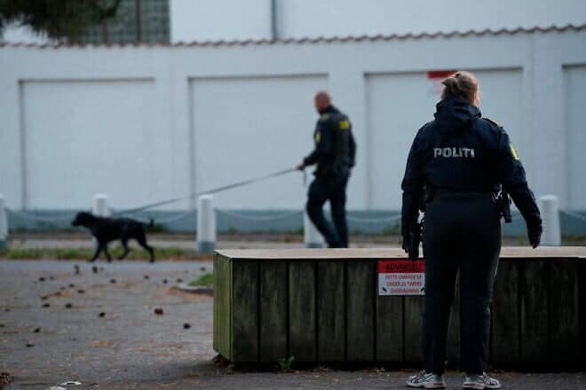 Danish police officers secure an area near the Israeli embassy in Copenhagen, on Oct. 2, 2024. Photo by Emil Helms/Ritzau Scanpix/AFP via Getty Images.