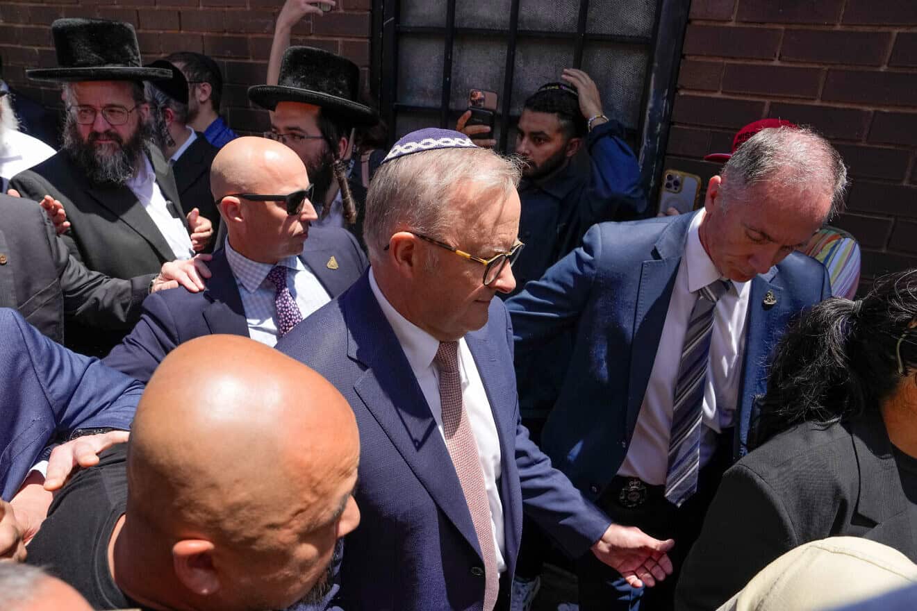 Australian Prime Minister Anthony Albanese walks out of the Adass Israel Synagogue in Melbourne on Dec. 10, 2024. Photo by Asanka Ratnayake/Getty Images.