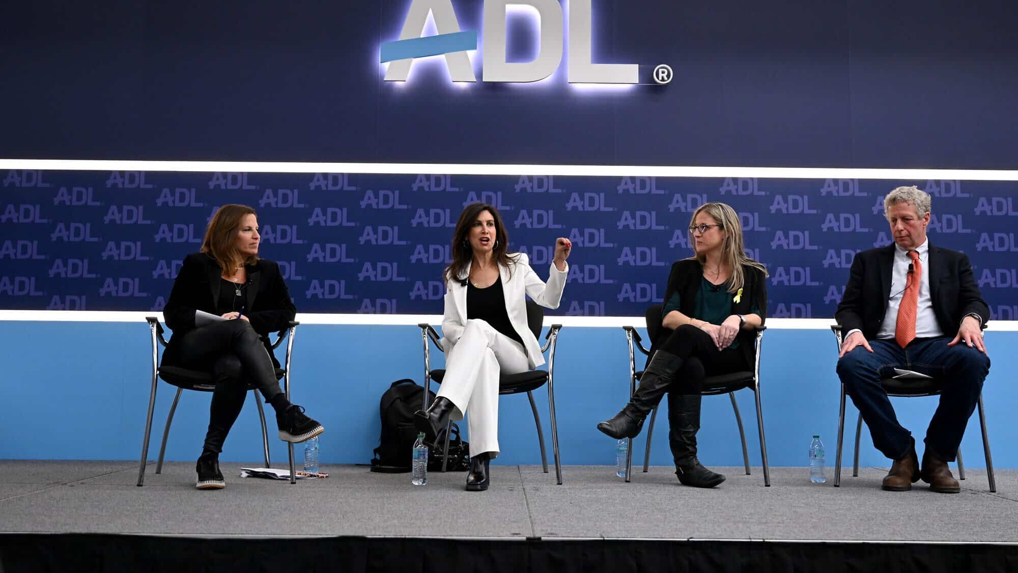 (From left to right) Ali Zelenko, Wendy Sachs, Jacki Alexander and Uri Berliner speak during the Anti-Defamation League's Never Is Now Summit at Javits Center in New York City, on March 3, 2025. Photo by Bryan Bedder/ADL via Getty Images.